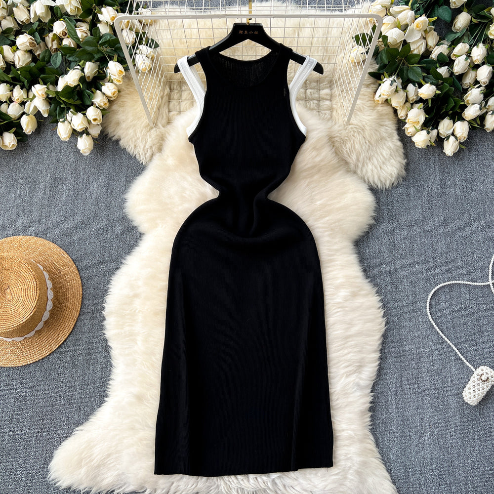 Sense of designfake two-piecedressfemale heart-cut cut outhalter round neck sleeveless knitting hip-covering hot girl skirt