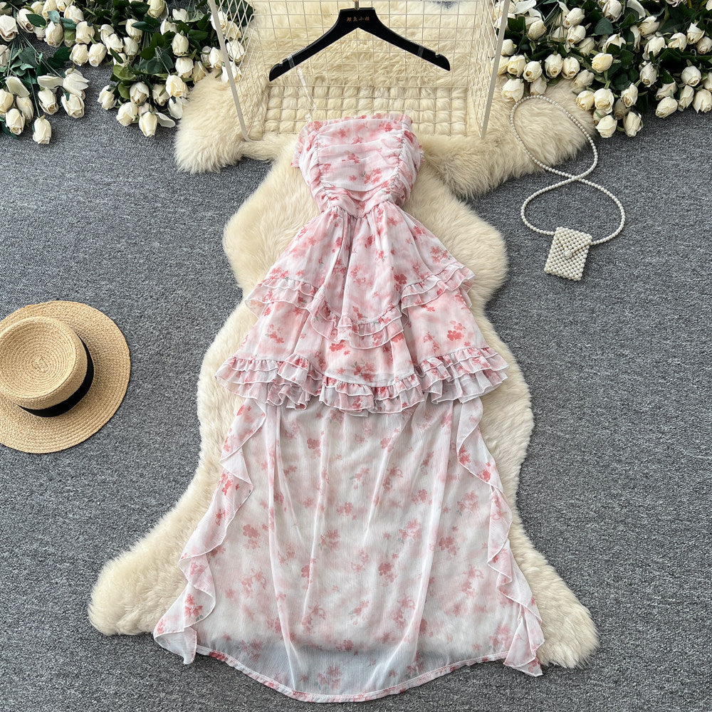 French riviera style printed bandeau dress - women's summer princess style sweet ruffle tiered fairy dress