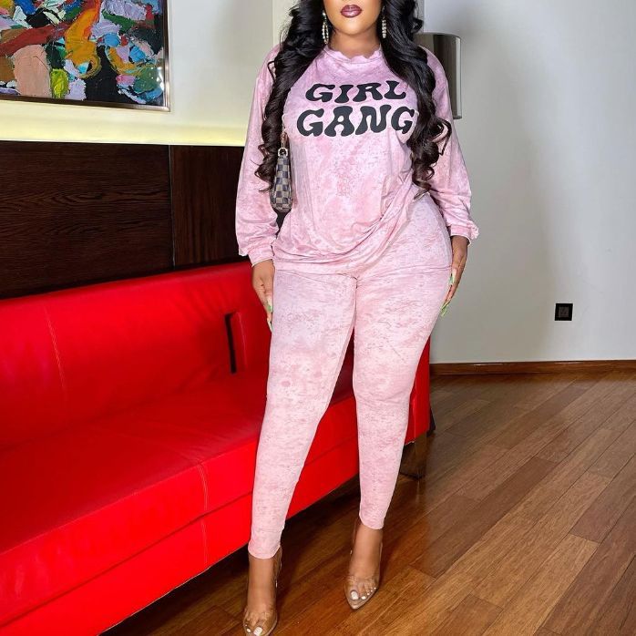 Cross-border European and American solid color round neck pullover trousers tie-dye printing fashion casual long-sleeved sweater suit women