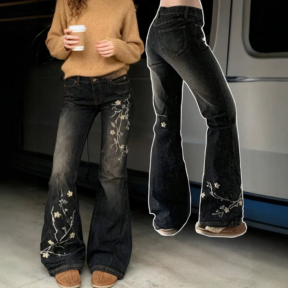 Fashionjeans women's low-waist plum blossom embroider micro-flared jeans black and gray washed silmslimming lookmoppants