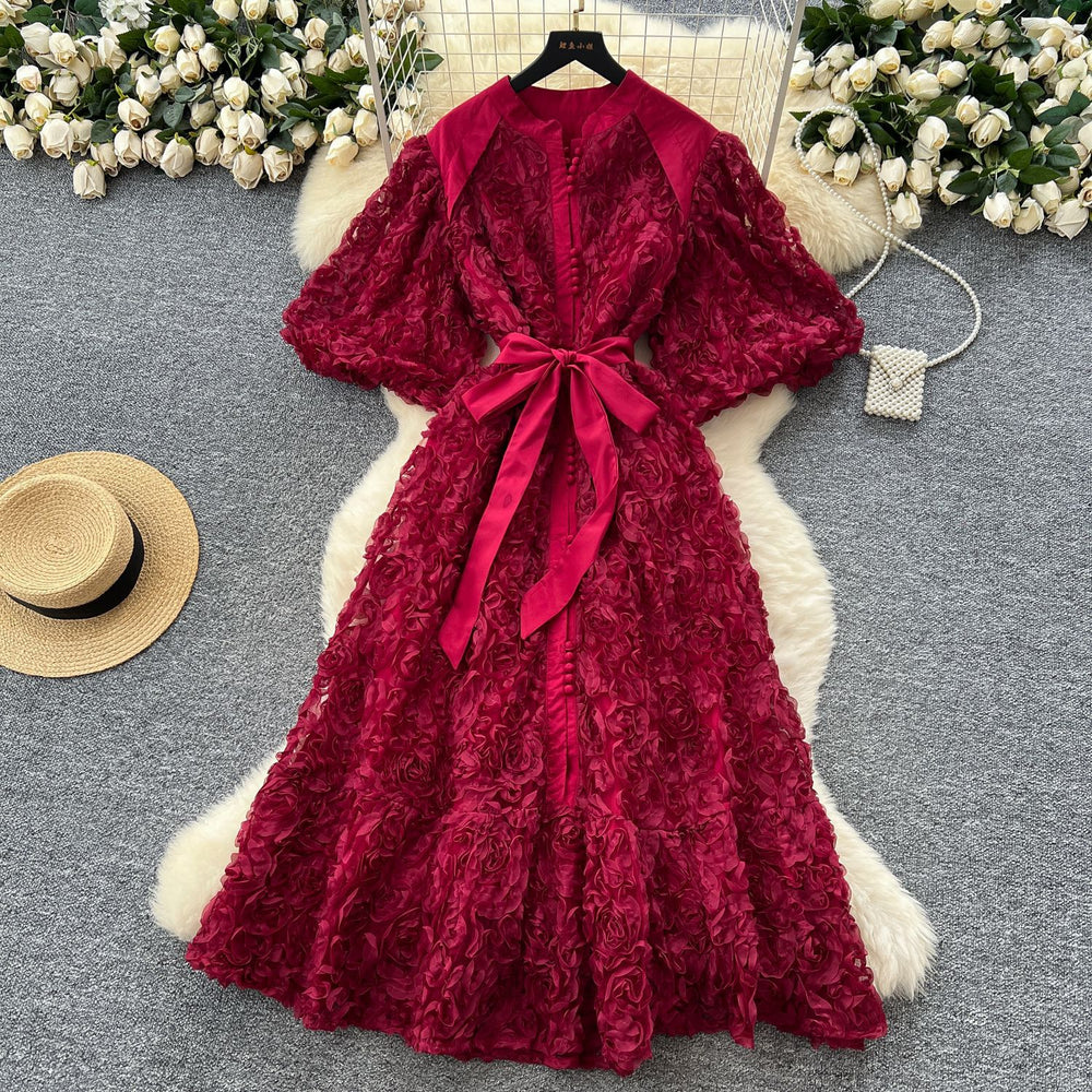 Palace style classy stereo flower lantern sleeve dress female french strap waist single breasted elegance long skirt