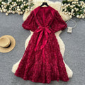 Palace style classy stereo flower lantern sleeve dress female french strap waist single breasted elegance long skirt