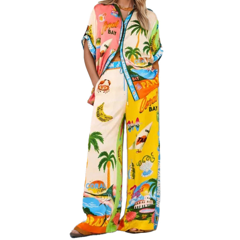 cross-border e-commerce european and american women's clothing: new summer collection - vacation-inspired color block fashion print shirt and wide-leg pants set
