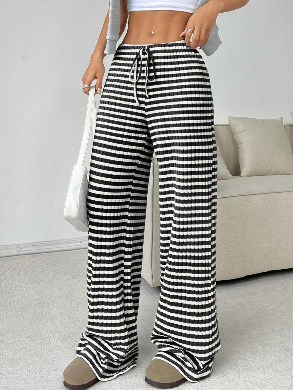 fall/winter  us & european cross-border women's new casual striped solid color elastic drawstring cotton straight-leg pants
