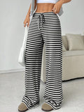 fall/winter  us & european cross-border women's new casual striped solid color elastic drawstring cotton straight-leg pants