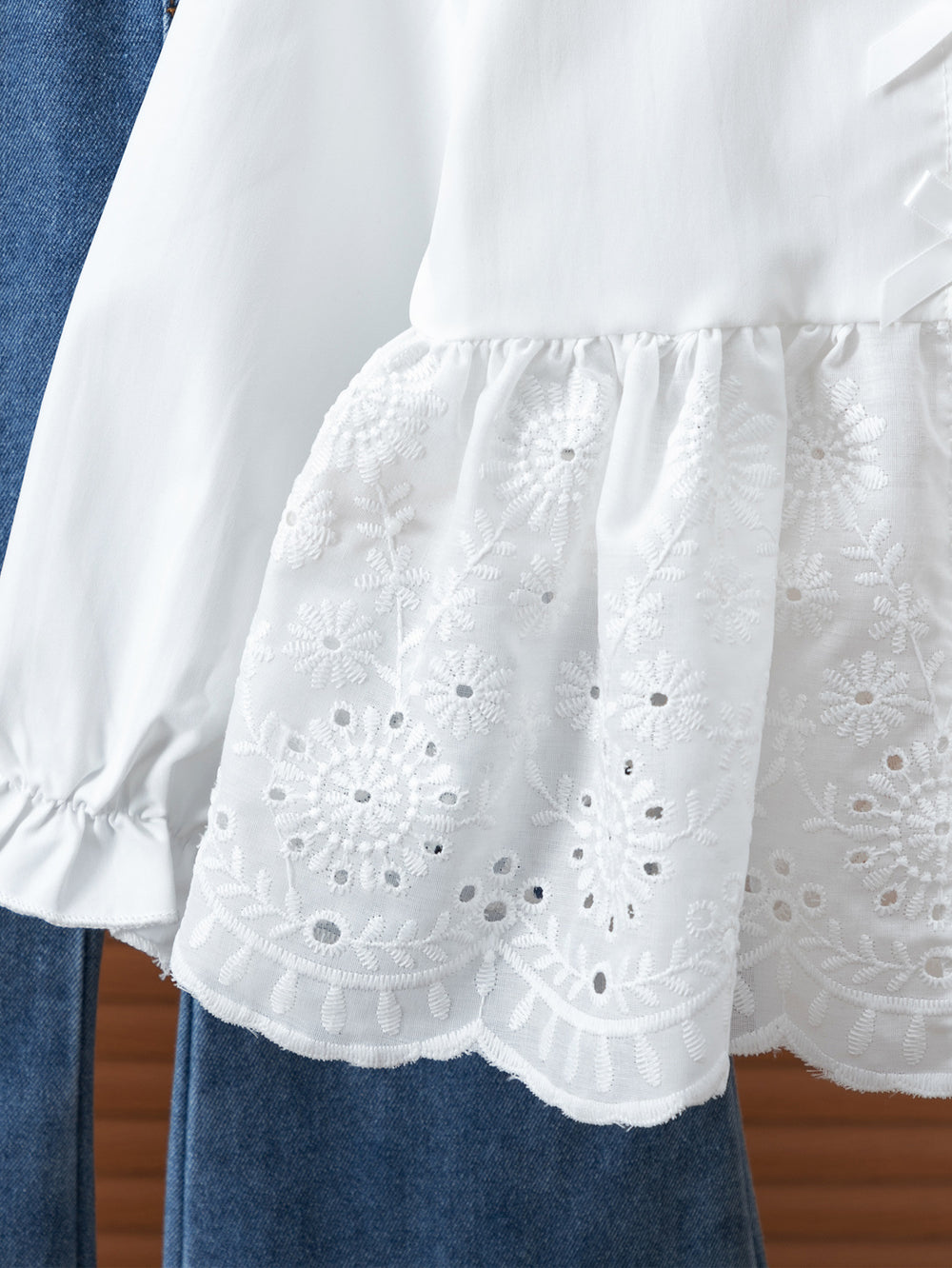 new autumn cross-border girls' fashion lace patchwork shirt + bowknot denim flare pants two-piece set