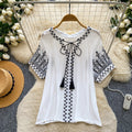 Korean style embroidered breathable ethnic blouse - women's summer short sleeve loose tie-waist top, age-defying commute style