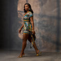 European and american cross-border women's fashion:  spring new arrival - short sleeve v-neck floral print cinched waist ruffle hem bodycon mini dress