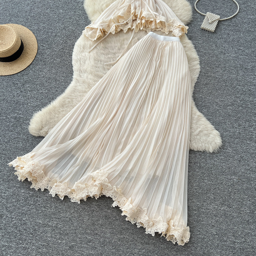 French chic white sleeveless pleated mini dress - summer lace trim, elegant & versatile workwear set