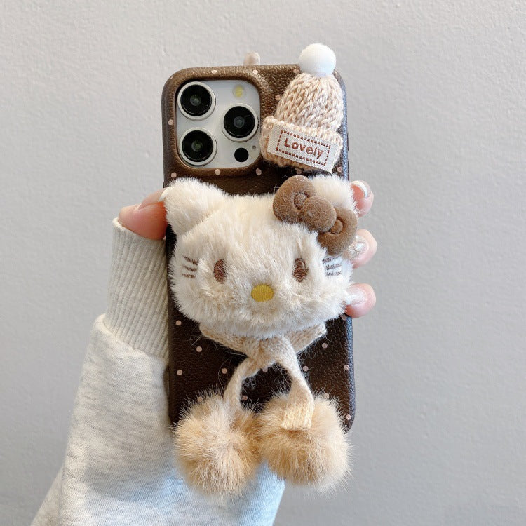 Leather texture apple 16 pro phone case, iphone 13/14 drop-proof, apple 17 plush hat kt design