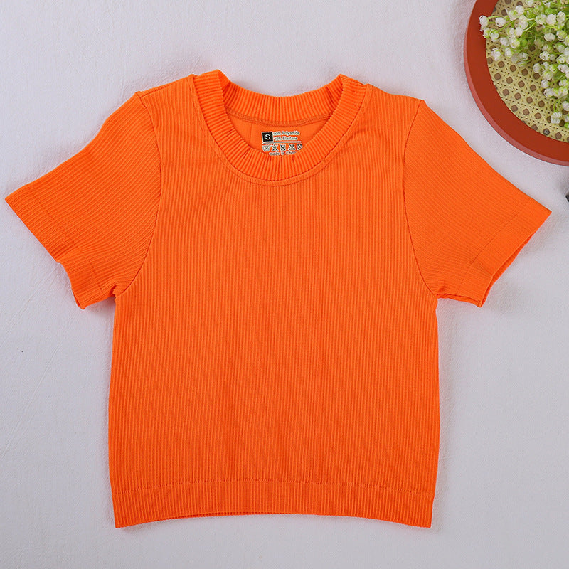 Cross-border new crew neck T-shirt  yoga sports short-sleeved threaded cotton spring and summer pullover short-sleeved top