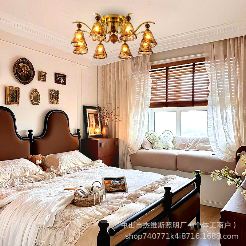 French retro solid wood round bead multi-head gradient caramel wave glass bedroom main light b&b study american atmosphere