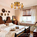 French retro solid wood round bead multi-head gradient caramel wave glass bedroom main light b&b study american atmosphere
