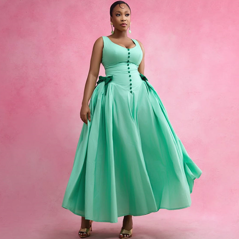 European and american cross-border women's fashion:  summer new arrival - elegant v-neck bow a-line high-waisted maxi dress