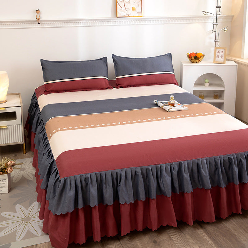 Solid color new light luxury minimalist embroidered single bed skirt fitted sheet non-slip bedspread four seasons princess style single piece