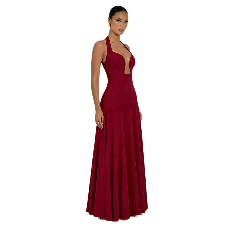 Amazon summer  new women's elegant solid color halter neck low-cut sexy patchwork backless evening dress