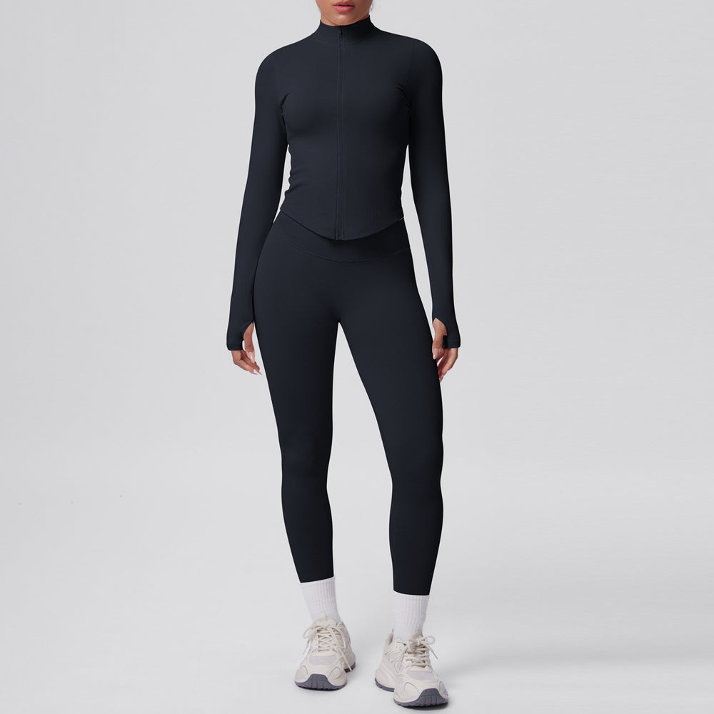 High-waisted, butt-lifting, form-fitting yoga set. solid color, seamless, stand-up collar, longline activewear. perfect for outdoor running and fitness