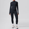 High-waisted, butt-lifting, form-fitting yoga set. solid color, seamless, stand-up collar, longline activewear. perfect for outdoor running and fitness