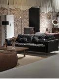 Vintage leather sofa - black oiled leather nebula sofa - retro designer living room sofa - small apartment 3-seater