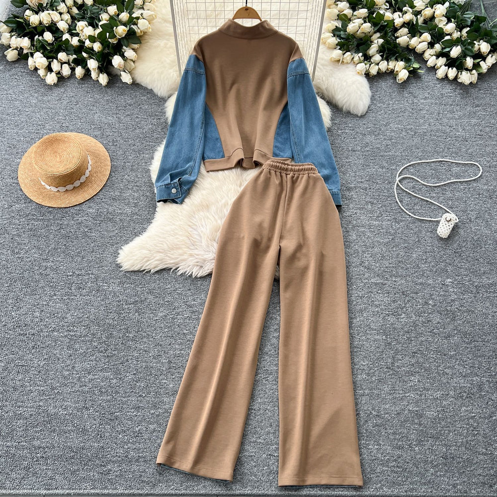 Fashionsuit women's hong kong style casualcontrast colorpatchwork stand collar zipper fake two-piece tops high waist denim wide leg pants