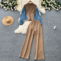 Fashionsuit women's hong kong style casualcontrast colorpatchwork stand collar zipper fake two-piece tops high waist denim wide leg pants