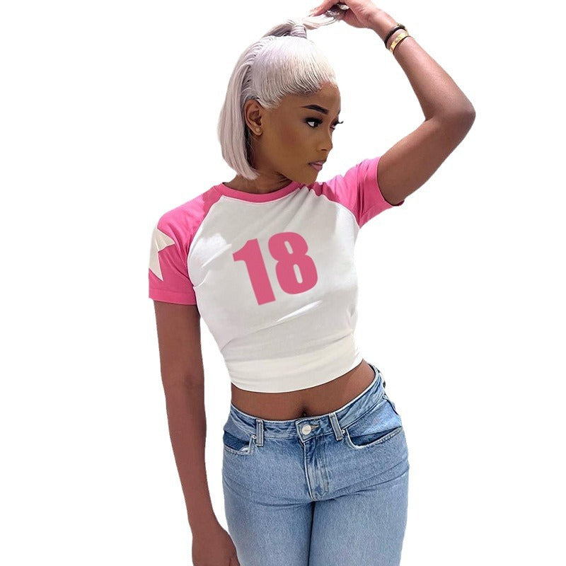 Cross-border street women's casual color contrast five-pointed star digital printing basic round neck pullover short-sleeved top  wholesale