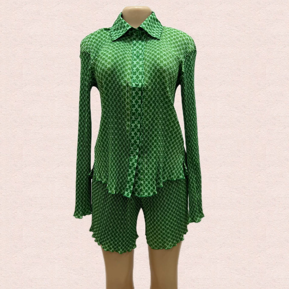 European and american cross-border women's fashion  summer new arrival: long-sleeved single-breasted elegant blouse and high-waisted pleated shorts set