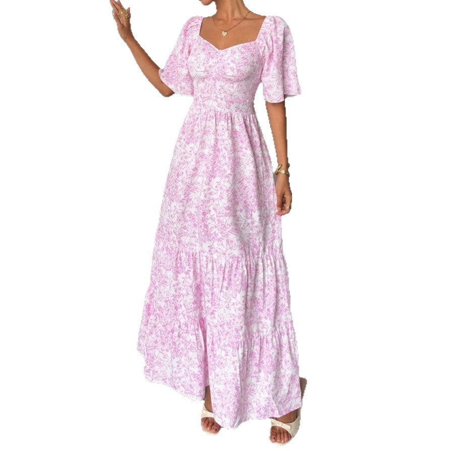 cross-border european and american french style new arrival: square neck puff sleeve dress - hot seller