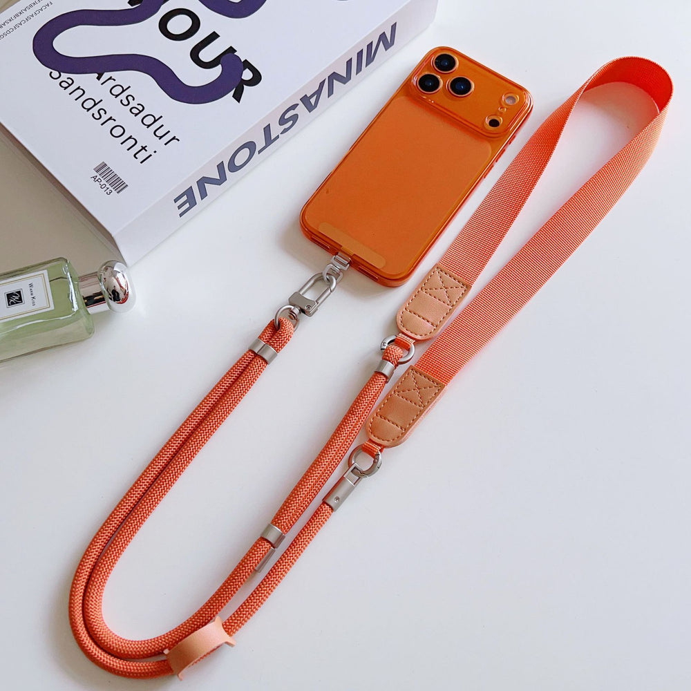 Trendy wide shoulder strap crossbody phone case lanyard with lambskin patchwork, adjustable strap, anti-lost chain for outdoor travel