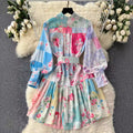 European and american style printed dress - women's niche luxury stand collar lantern sleeve cinched waist single-breasted ruffle hem mini dress