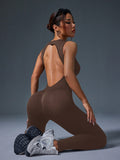 fitness clothing, nude buttoned butt lifting yoga jumpsuit, outdoor sports sexy tight one-piece yoga clothing for women