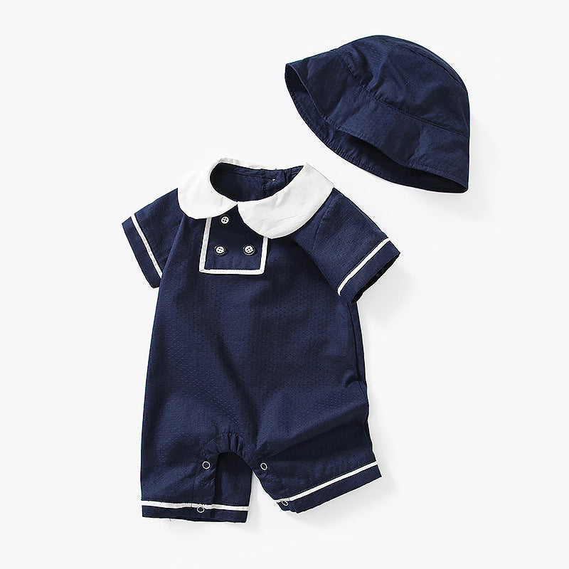 Infant and toddler summer outfit: japanese-inspired preppy style, cute peter pan collar, short-sleeve romper, baby bodysuit