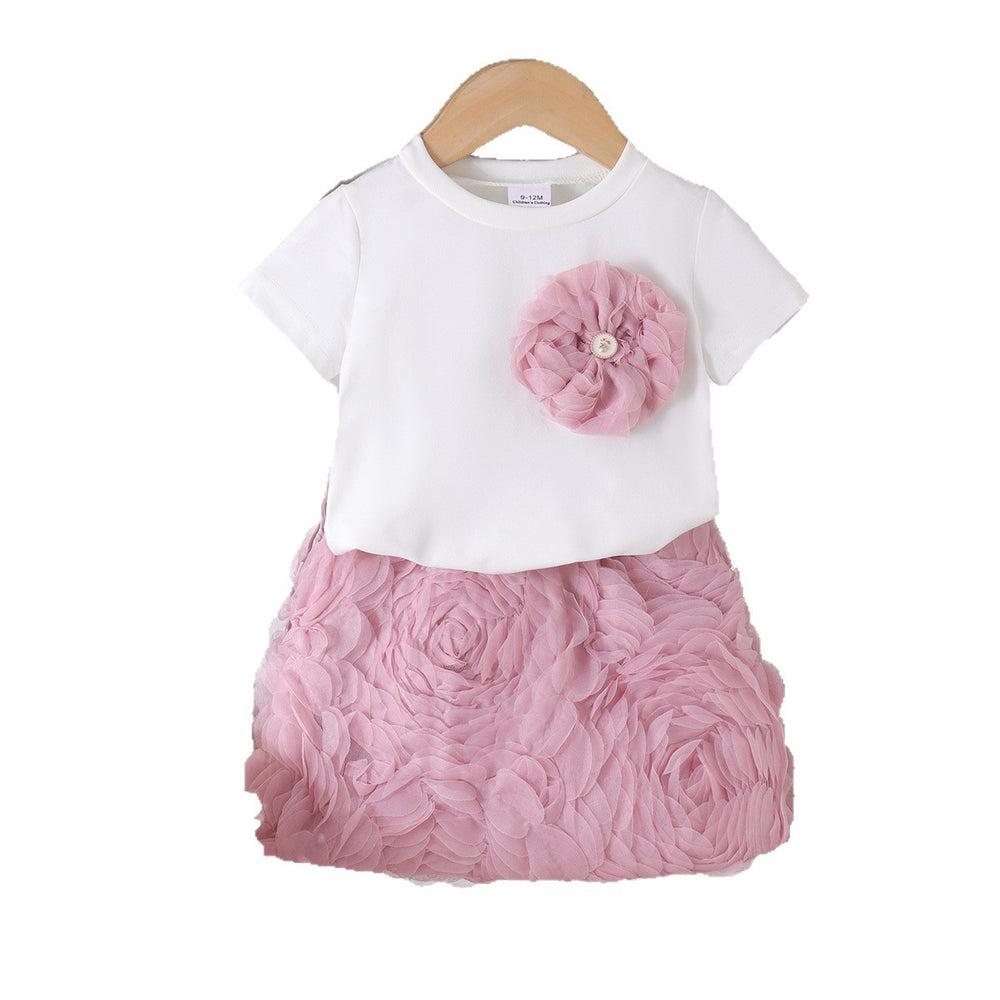 Children's clothing cross-border european and american girls white short-sleeved t-shirt + pink skirt two-piece set