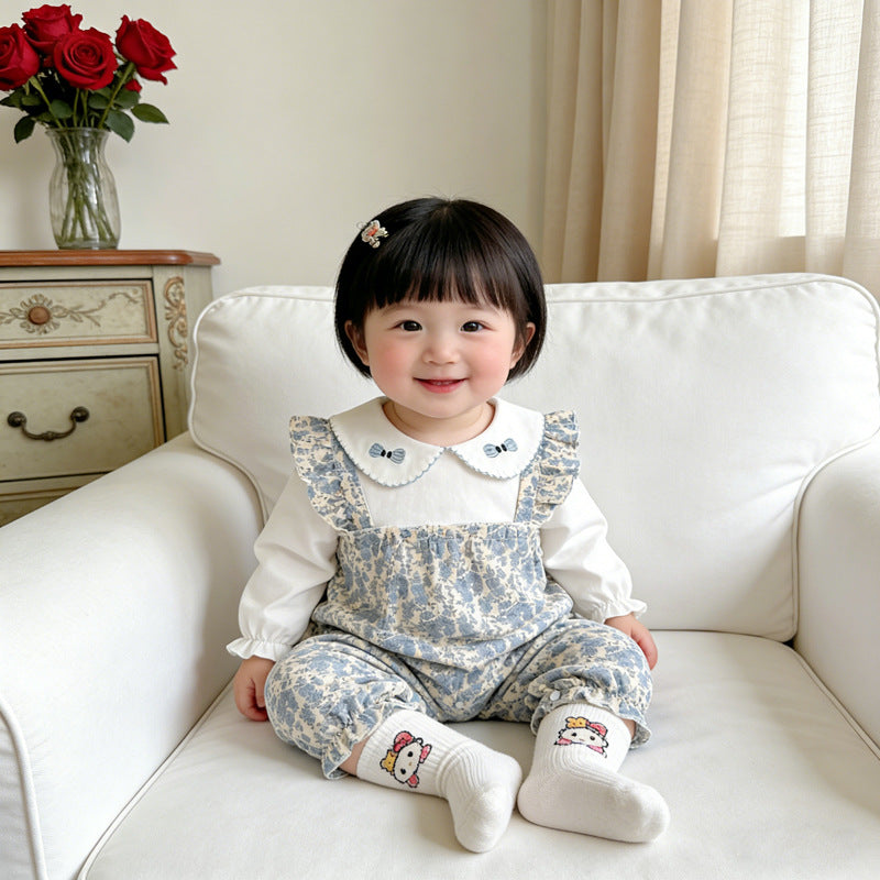 spring/autumn newborn baby girl romper - floral print bodysuit, faux two-piece, korean style long sleeve spring collection