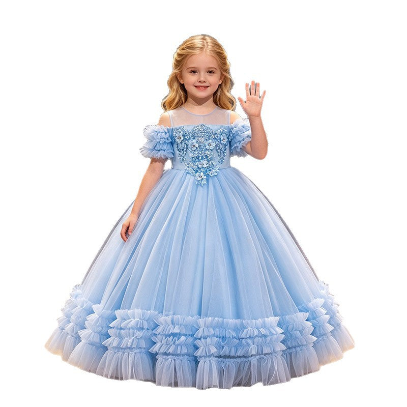 Girls' flower girl wedding dress evening gown runway cross-border european and american style off-shoulder tutu dress children's princess dress wholesale in stock