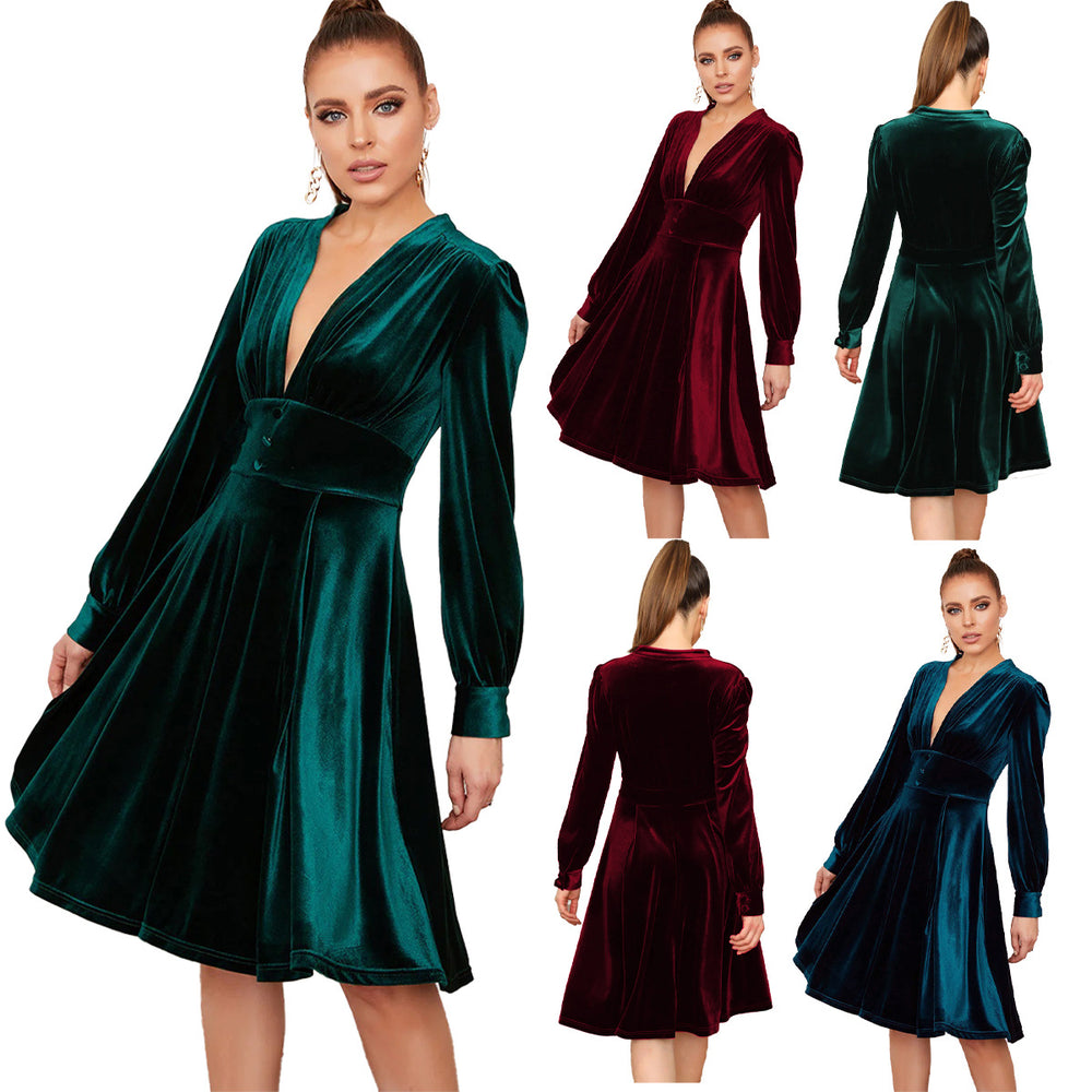 Amazon women's european and american style gold velvet v-neck midi dress,  spring new arrival solid color puff sleeve dress