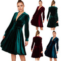 Amazon women's european and american style gold velvet v-neck midi dress,  spring new arrival solid color puff sleeve dress