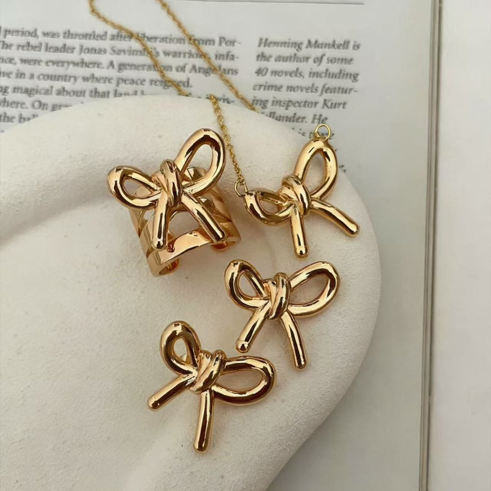 European and american cross-border ins style high-end bow pendant necklace for women, elegant and versatile minimalist earrings and rings jewelry set