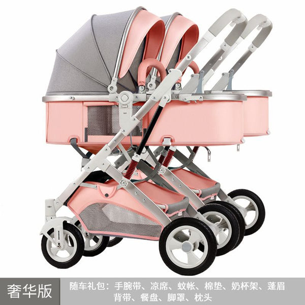 Twin strollers can sit and lie down, high landscape lightweight foldable baby toddler double stroller can be split