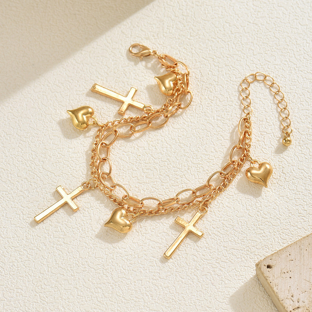 European and american cross-border personalized minimalist alloy cross & heart pendant chain bracelet - light luxury, high-end layering jewelry