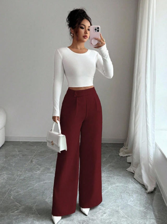 spring/summer new arrival: women's pink high-waisted trousers with button-decorated waist patch – elegant, casual, and versatile