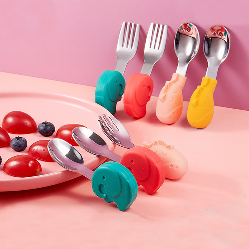 Wholesale baby stainless steel cutlery set: short-handled forks, spoons, silicone plates, and feeding utensil set for infants and toddlers