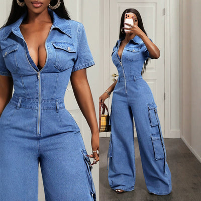 Pre-sale-37075# cross-border fashion casual outing women's denim overalls and jumpsuits