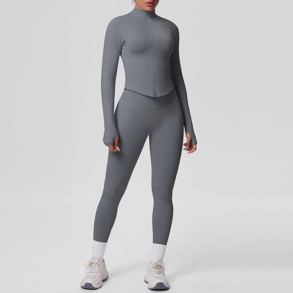 seamless pure color tight high elastic breathable zipper nine-point sports suit running fitness yoga suit two-piece set