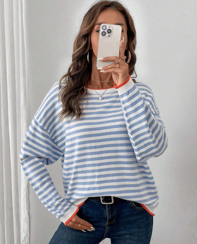 new blue striped crew neck long sleeve t-shirt - relaxed fit, slimming women's top
