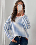 new blue striped crew neck long sleeve t-shirt - relaxed fit, slimming women's top
