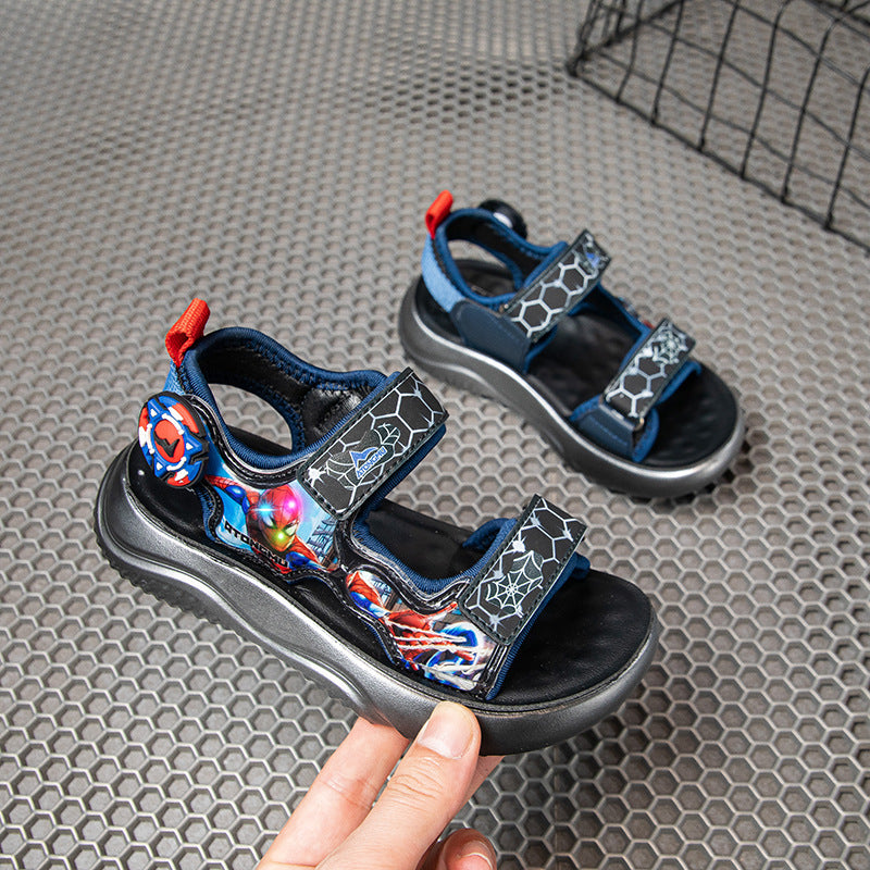 Summer new boys cartoon trend lights sports beach shoes small middle-aged children polyurethane sole casual soft-soled sandals