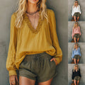 Shipped: new european and american style women's v-neck ruffle trim solid color long sleeve versatile blouse