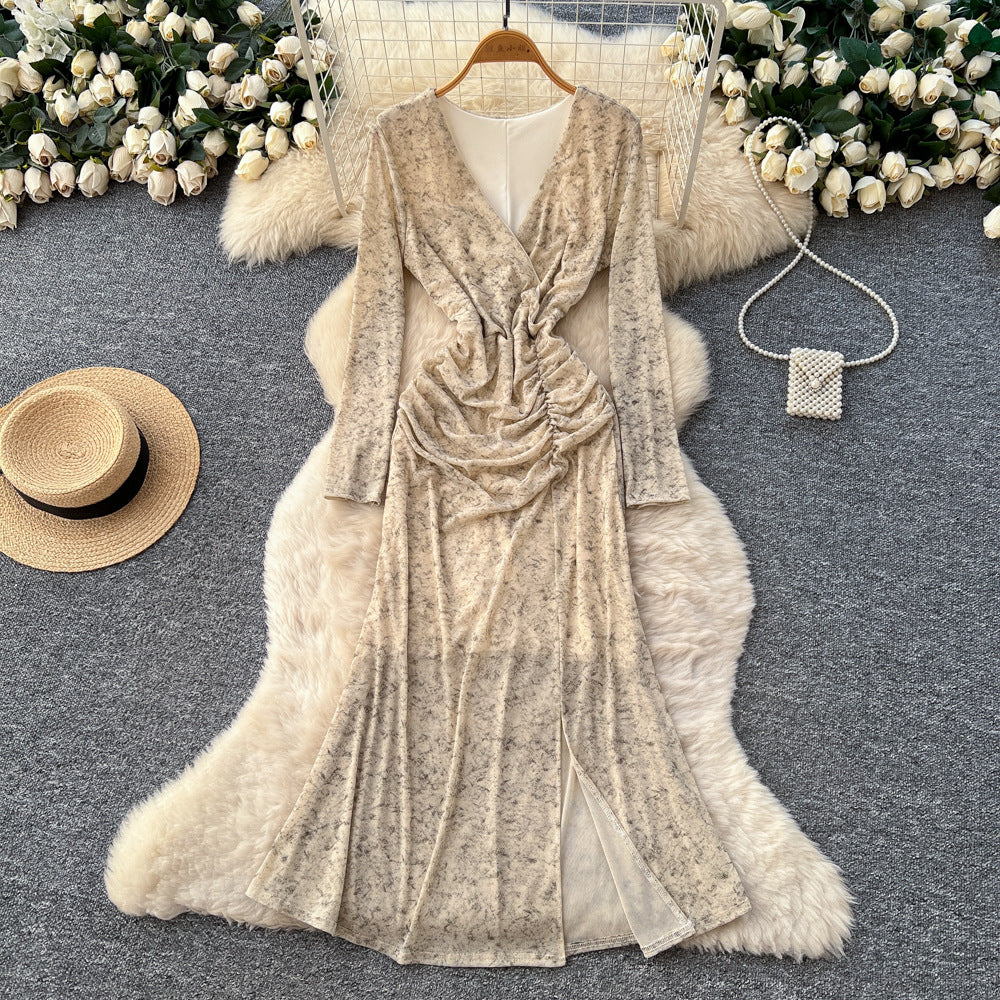 Frenchretrov necklong sleevesdress women's fall and winternew arrivalclassy sense silm waist pleated royal sister long skirt