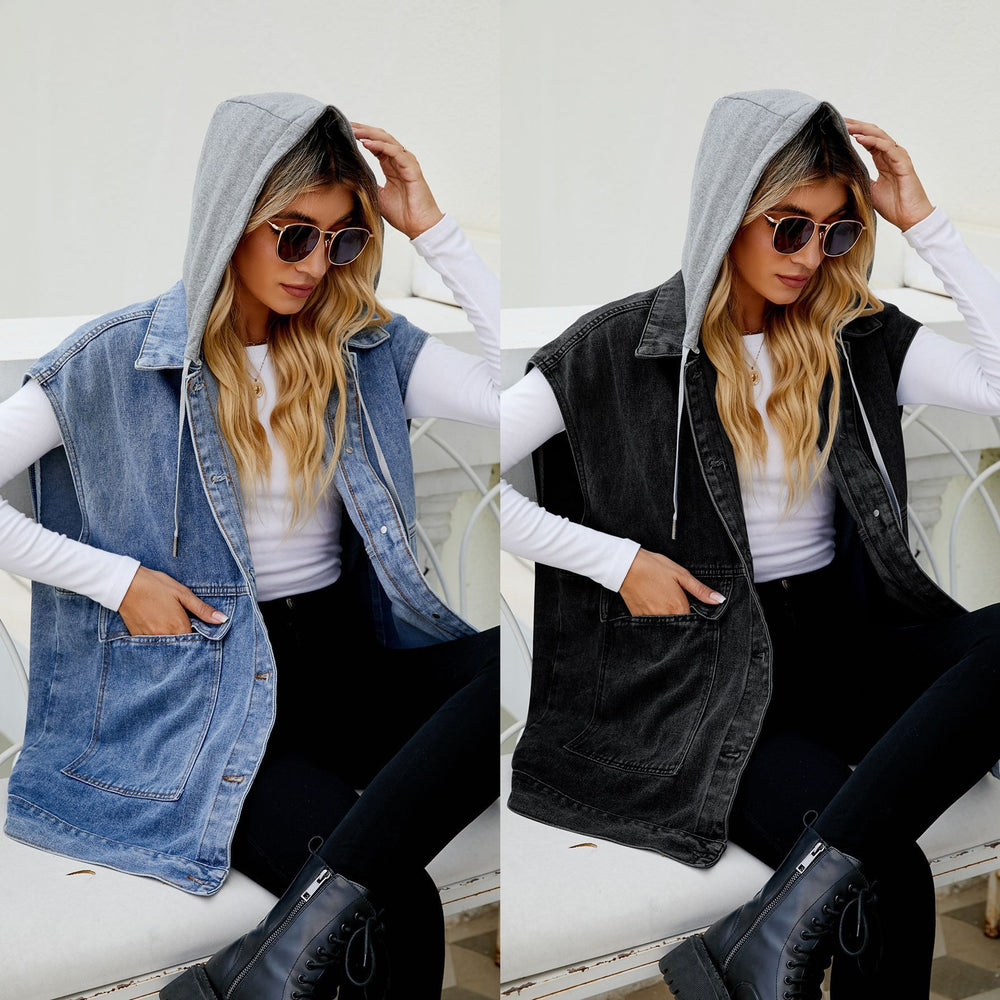 new arrival denim vest waistcoat women's fashiontrendy denim sleeveless vest hooded detachable